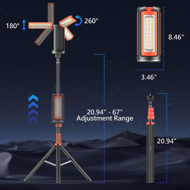 3-Head LED Camping Light with 10000Mah Power Bank - Portable Rechargeable Work Light with 67" Adjustable Stand & Detachable Tripod for Outdoor, Emergency, Camping, Fishing, Garage