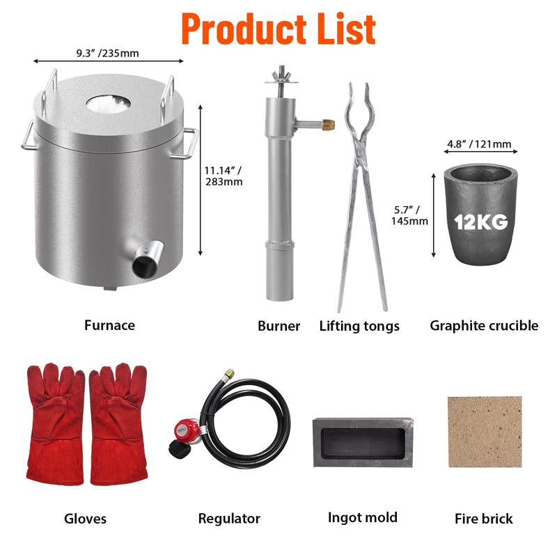 【Garvee】26Lbs/12Kg Propane Melting Furnace Kit - High Temperature 2370°F Metal Foundry Furnace with Large Capacity Crucible and Tong for Melting Copper, Silver, Aluminum, and Gold - Ideal for Beginners