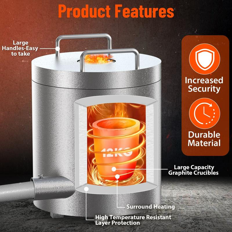 【Garvee】26Lbs/12Kg Propane Melting Furnace Kit - High Temperature 2370°F Metal Foundry Furnace with Large Capacity Crucible and Tong for Melting Copper, Silver, Aluminum, and Gold - Ideal for Beginners