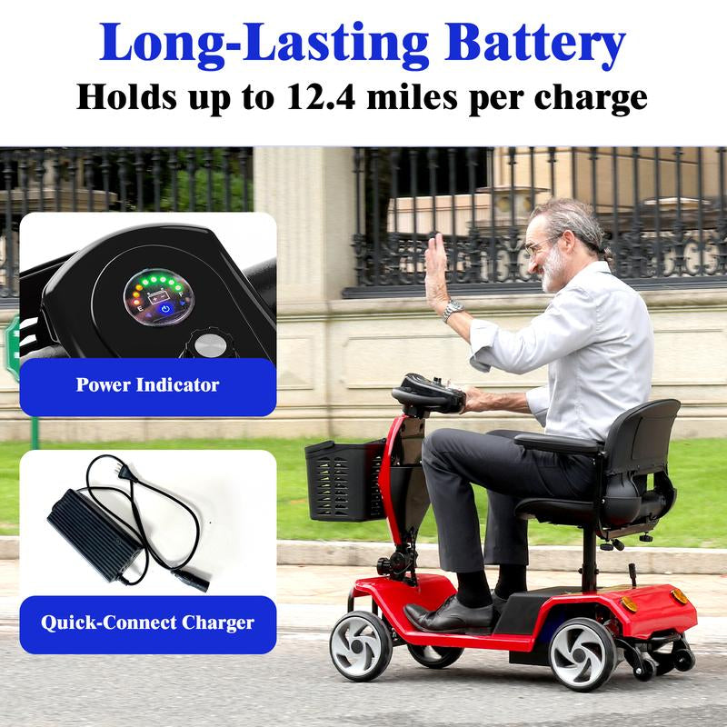 4 Wheel Foldable Mobility Scooters for Adults, Folding Travel Mobility Scooter with Seat, Electric Wheelchair, Powered Lightweight Motorized Scooter - Red