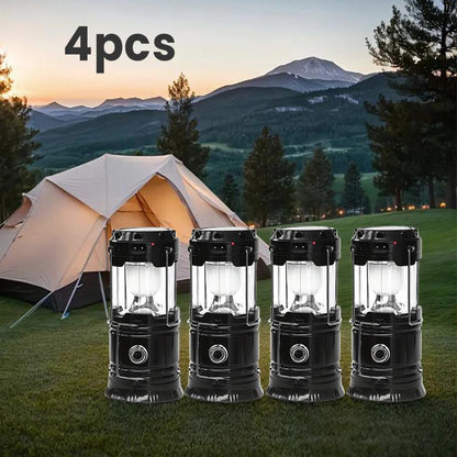 4-Pack Portable LED Camping Light, Foldable Outdoor Light, Waterproof Solar USB Charging LED Flashlight, Suitable for Indoor and Outdoor Home Emergency Lighting/Hiking/Camping