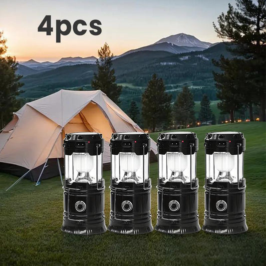 4-Pack Portable LED Camping Light, Foldable Outdoor Light, Waterproof Solar USB Charging LED Flashlight, Suitable for Indoor and Outdoor Home Emergency Lighting/Hiking/Camping