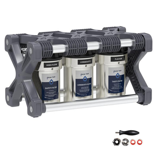 Glacier Fresh Technology RV Water Filter System, 0.2 Micron Water Filter 3-Stage System with Carbon Fiber Polycarbonate for Campers with Compact 5-Inch Filters, Premium RV Water Filtration System, Camper Vans, and Boats.