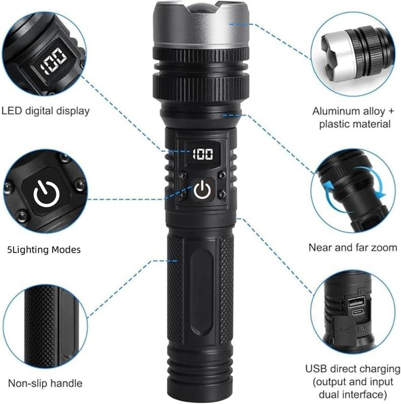 2-In-1 Power Bank Flashlight. LED Flashlight, USB Rechargeable, Zoomable, Hunting Tactical Flashlight — Ideal for Outdoor Camping, Fishing, Garden Use, and Nighttime Security.