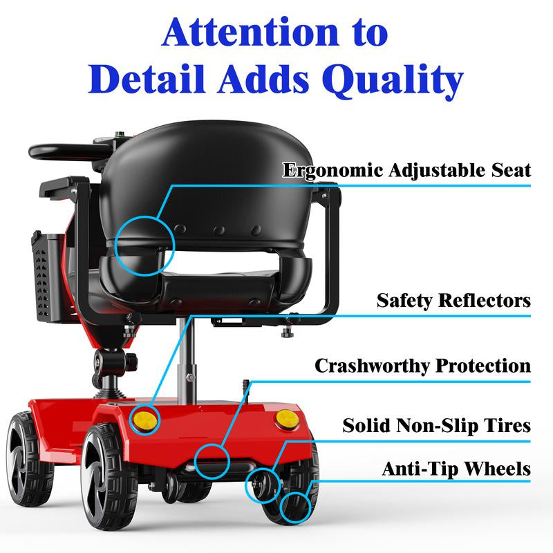 4 Wheel Foldable Mobility Scooters for Adults, Folding Travel Mobility Scooter with Seat, Electric Wheelchair, Powered Lightweight Motorized Scooter - Red