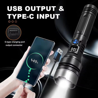 2-In-1 Power Bank Flashlight. LED Flashlight, USB Rechargeable, Zoomable, Hunting Tactical Flashlight — Ideal for Outdoor Camping, Fishing, Garden Use, and Nighttime Security.