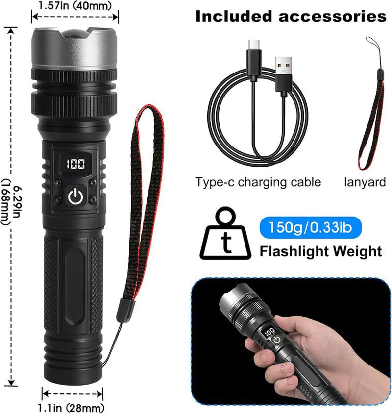 2-In-1 Power Bank Flashlight. LED Flashlight, USB Rechargeable, Zoomable, Hunting Tactical Flashlight — Ideal for Outdoor Camping, Fishing, Garden Use, and Nighttime Security.