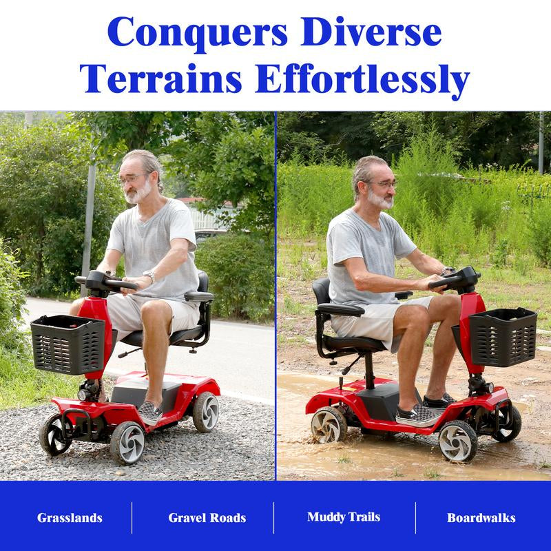 4 Wheel Foldable Mobility Scooters for Adults, Folding Travel Mobility Scooter with Seat, Electric Wheelchair, Powered Lightweight Motorized Scooter - Red